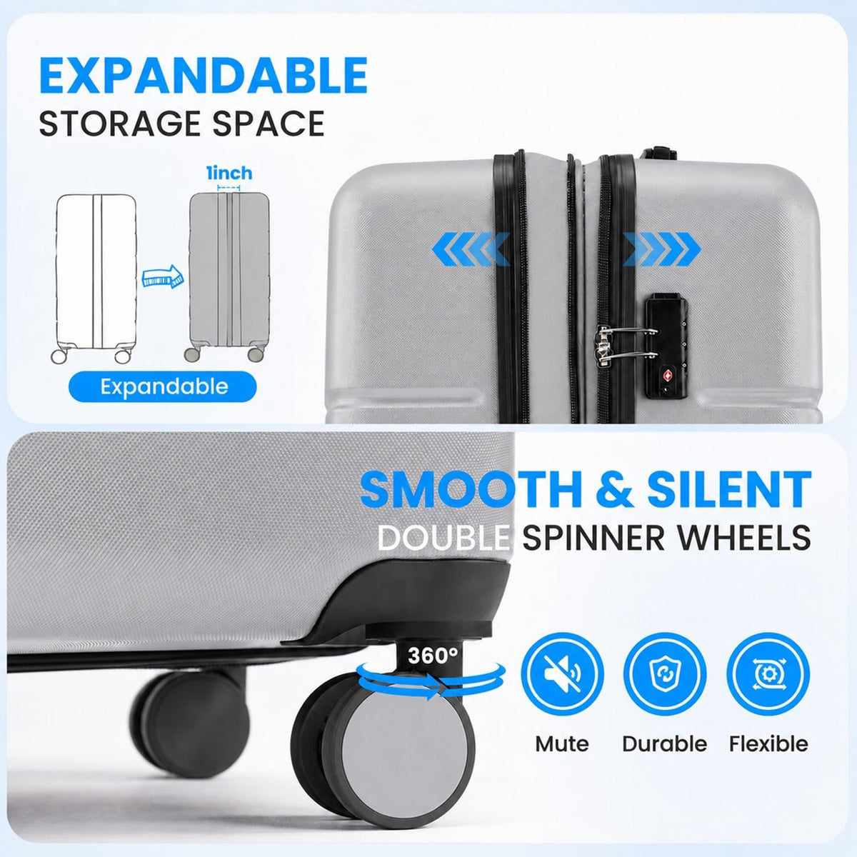 20 Inch Hardside Carry On Luggage, Suitcase with Double Spinner Wheels & TSA Lock, Hard Shell Suitcase, Expandable Rolling Lightweight Luggage, White