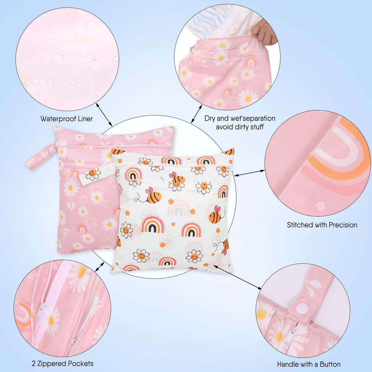 2pcs Cloth Diaper Wet Dry Bags, Waterproof Reusable Wet Bag with 2 Zipper Pockets & Handle, Washable Laundry Bags for Baby Adult Clothes Travel Beach Pool Daycare Yoga Gym Exercise Swimsuits
