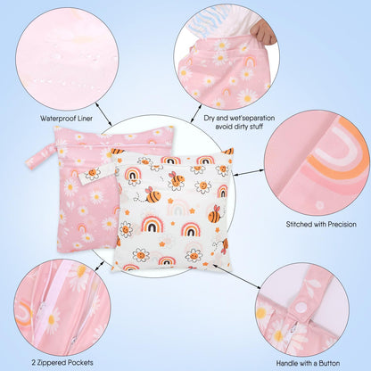 2pcs Cloth Diaper Wet Dry Bags, Waterproof Reusable Wet Bag with 2 Zipper Pockets & Handle, Washable Laundry Bags for Baby Adult Clothes Travel Beach Pool Daycare Yoga Gym Exercise Swimsuits