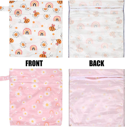 2pcs Cloth Diaper Wet Dry Bags, Waterproof Reusable Wet Bag with 2 Zipper Pockets & Handle, Washable Laundry Bags for Baby Adult Clothes Travel Beach Pool Daycare Yoga Gym Exercise Swimsuits