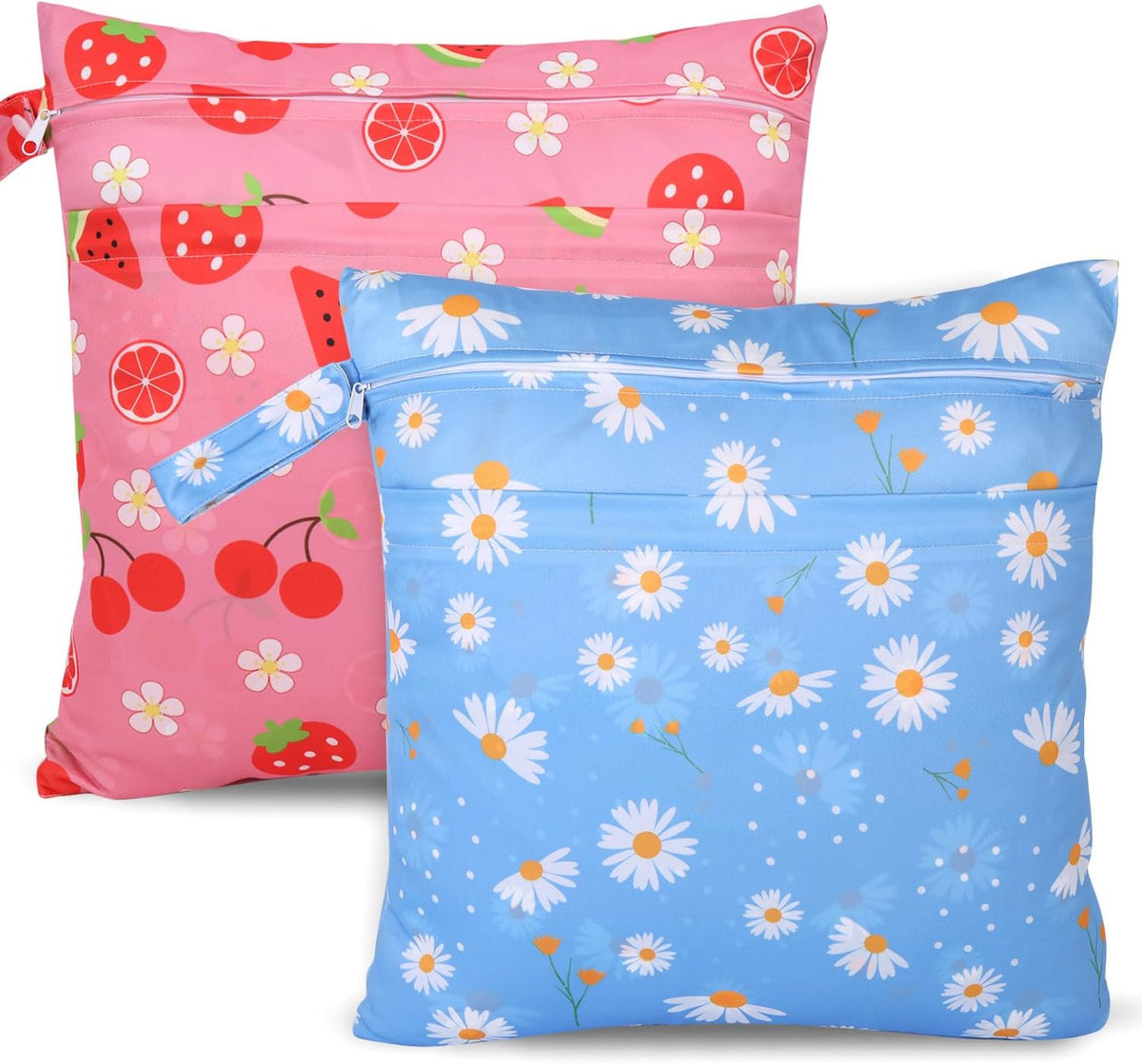 2pcs Cloth Diaper Wet Dry Bags, Waterproof Reusable Wet Bag with 2 Zipper Pockets & Handle, Washable Laundry Bags for Baby Adult Clothes Travel Beach Pool Daycare Yoga Gym Exercise Swimsuits