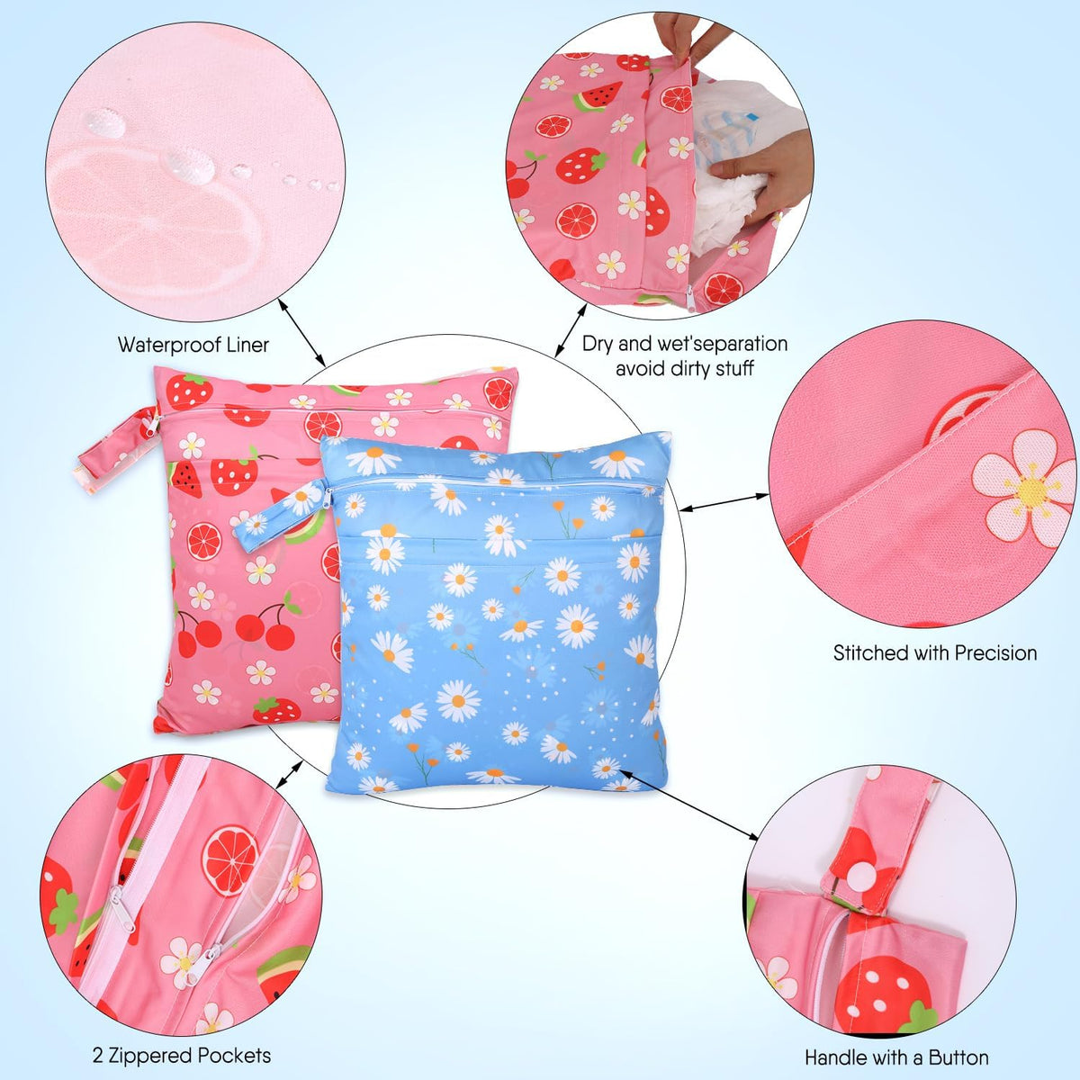 2pcs Cloth Diaper Wet Dry Bags, Waterproof Reusable Wet Bag with 2 Zipper Pockets & Handle, Washable Laundry Bags for Baby Adult Clothes Travel Beach Pool Daycare Yoga Gym Exercise Swimsuits