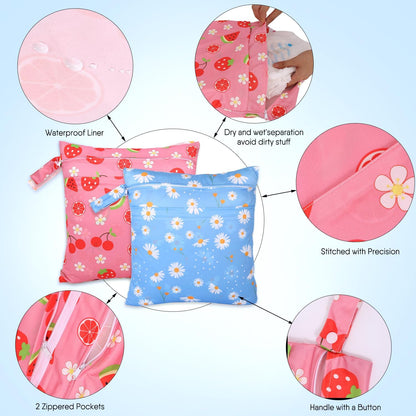2pcs Cloth Diaper Wet Dry Bags, Waterproof Reusable Wet Bag with 2 Zipper Pockets & Handle, Washable Laundry Bags for Baby Adult Clothes Travel Beach Pool Daycare Yoga Gym Exercise Swimsuits