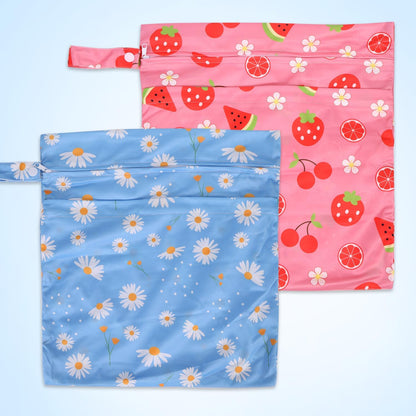 2pcs Cloth Diaper Wet Dry Bags, Waterproof Reusable Wet Bag with 2 Zipper Pockets & Handle, Washable Laundry Bags for Baby Adult Clothes Travel Beach Pool Daycare Yoga Gym Exercise Swimsuits