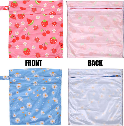 2pcs Cloth Diaper Wet Dry Bags, Waterproof Reusable Wet Bag with 2 Zipper Pockets & Handle, Washable Laundry Bags for Baby Adult Clothes Travel Beach Pool Daycare Yoga Gym Exercise Swimsuits