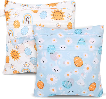 2pcs Cloth Diaper Wet Dry Bags, Waterproof Reusable Wet Bag with 2 Zipper Pockets & Handle, Washable Laundry Bags for Baby Adult Clothes Travel Beach Pool Daycare Yoga Gym Exercise Swimsuits
