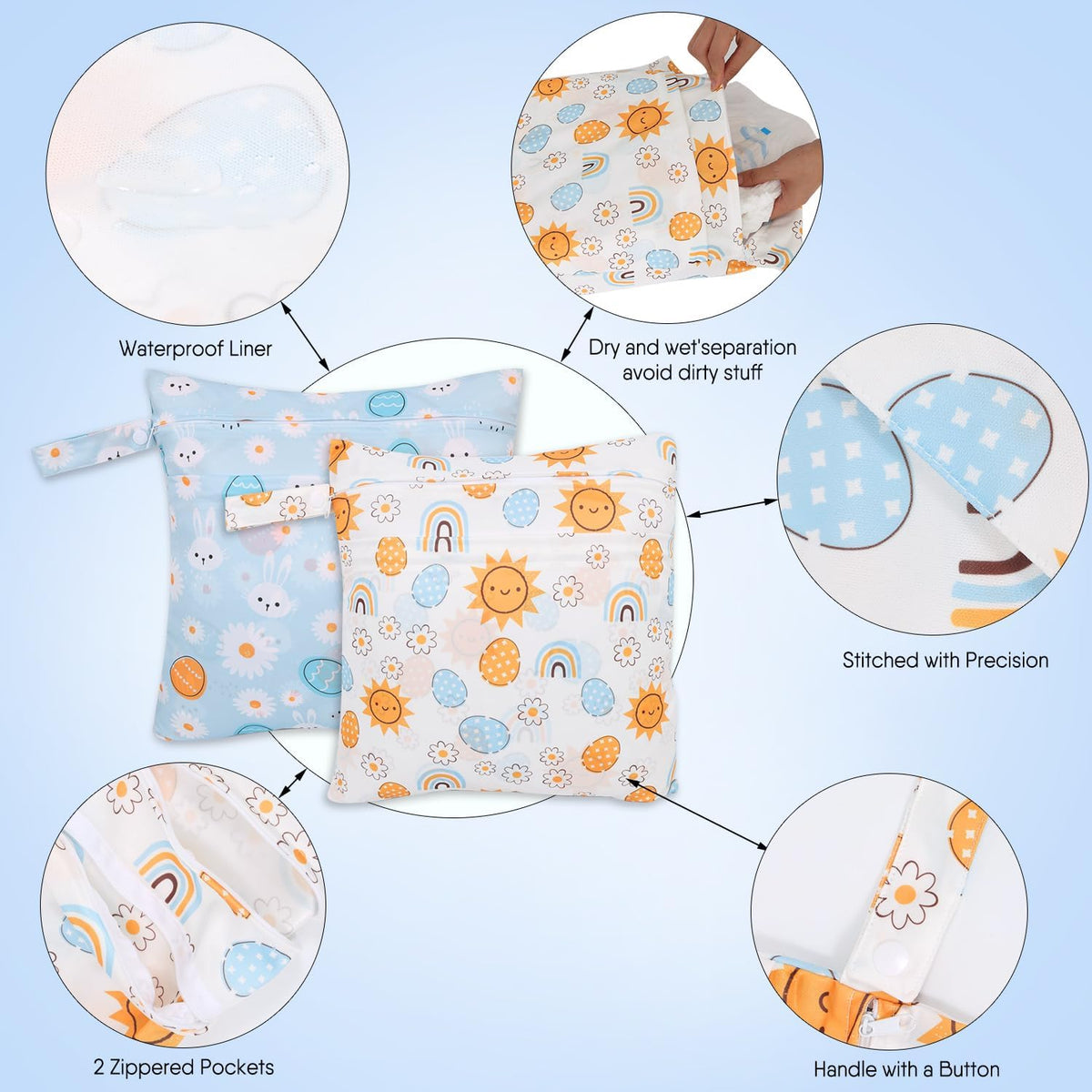 2pcs Cloth Diaper Wet Dry Bags, Waterproof Reusable Wet Bag with 2 Zipper Pockets & Handle, Washable Laundry Bags for Baby Adult Clothes Travel Beach Pool Daycare Yoga Gym Exercise Swimsuits