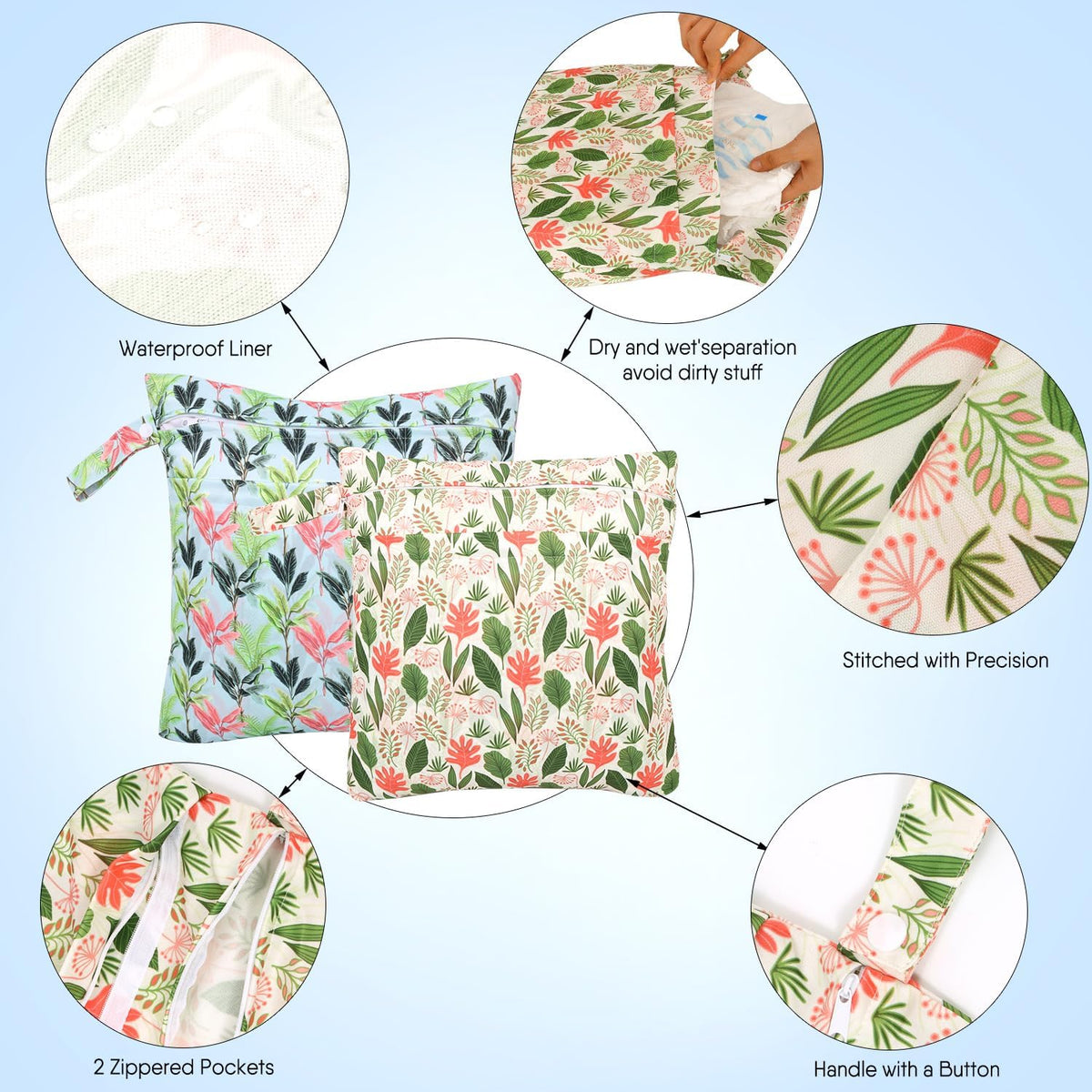 2pcs Cloth Diaper Wet Dry Bags, Waterproof Reusable Wet Bag with 2 Zipper Pockets & Handle, Washable Laundry Bags for Baby Adult Clothes Travel Beach Pool Daycare Yoga Gym Exercise Swimsuits