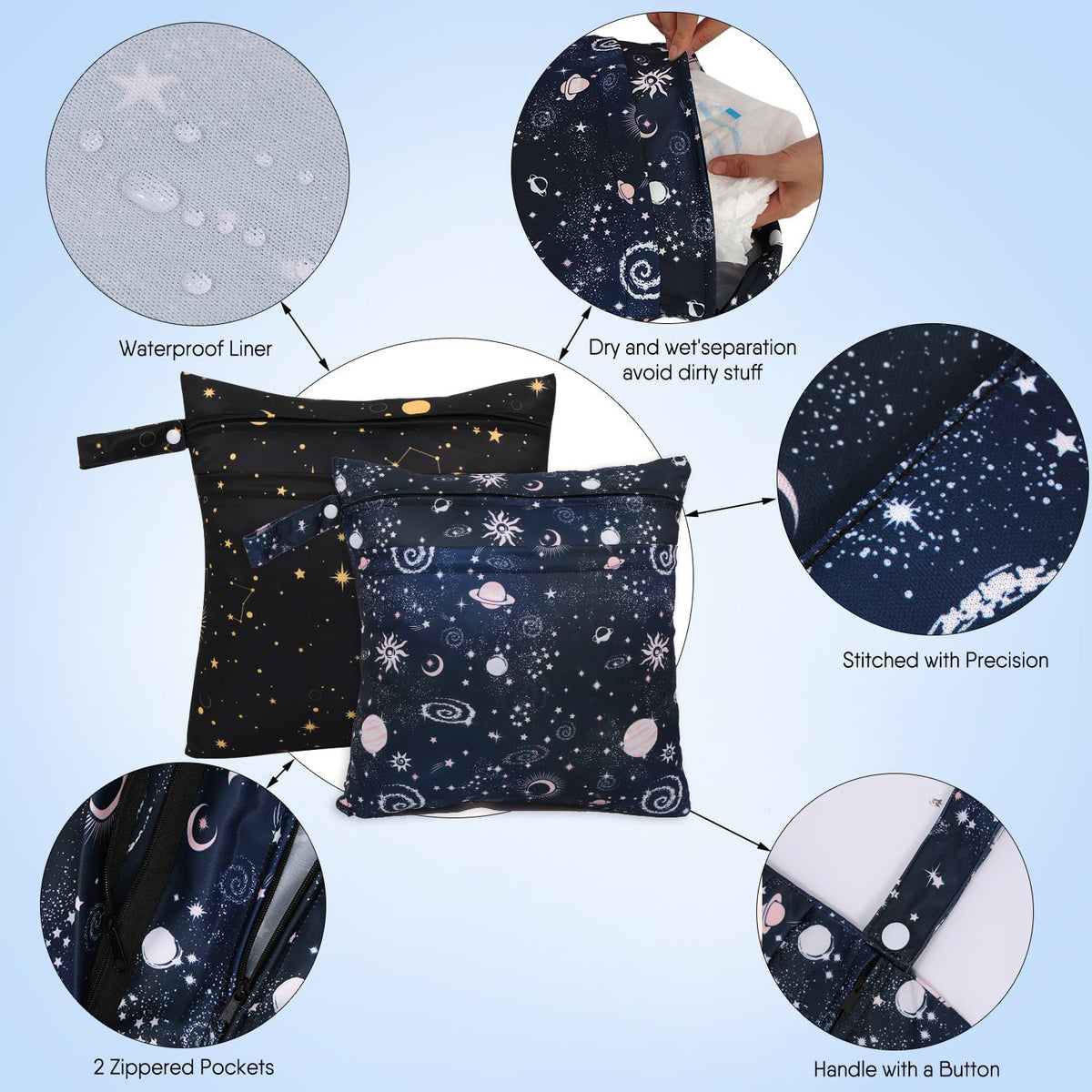 2pcs Cloth Diaper Wet Dry Bags, Waterproof Reusable Wet Bag with 2 Zipper Pockets & Handle, Washable Laundry Bags for Baby Adult Clothes Travel Beach Pool Daycare Yoga Gym Exercise Swimsuits