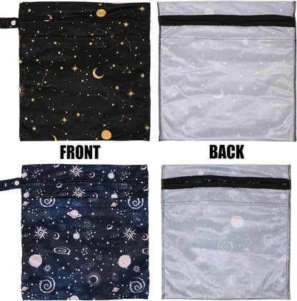2pcs Cloth Diaper Wet Dry Bags, Waterproof Reusable Wet Bag with 2 Zipper Pockets & Handle, Washable Laundry Bags for Baby Adult Clothes Travel Beach Pool Daycare Yoga Gym Exercise Swimsuits