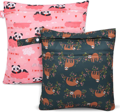 2pcs Cloth Diaper Wet Dry Bags, Waterproof Reusable Wet Bag with 2 Zipper Pockets & Handle, Washable Laundry Bags for Baby Adult Clothes Travel Beach Pool Daycare Yoga Gym Exercise Swimsuits