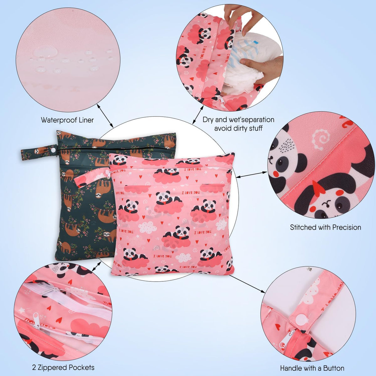 2pcs Cloth Diaper Wet Dry Bags, Waterproof Reusable Wet Bag with 2 Zipper Pockets & Handle, Washable Laundry Bags for Baby Adult Clothes Travel Beach Pool Daycare Yoga Gym Exercise Swimsuits