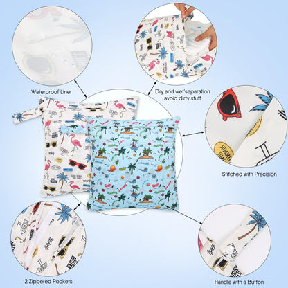 2pcs Cloth Diaper Wet Dry Bags, Waterproof Reusable Wet Bag with 2 Zipper Pockets & Handle, Washable Laundry Bags for Baby Adult Clothes Travel Beach Pool Daycare Yoga Gym Exercise Swimsuits