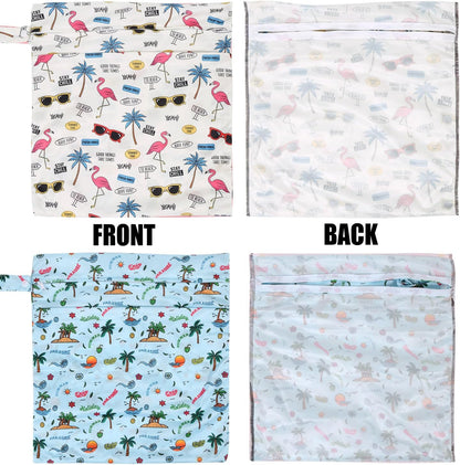 2pcs Cloth Diaper Wet Dry Bags, Waterproof Reusable Wet Bag with 2 Zipper Pockets & Handle, Washable Laundry Bags for Baby Adult Clothes Travel Beach Pool Daycare Yoga Gym Exercise Swimsuits