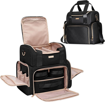 Large Cosmetic Bag, Double Layer Travel Makeup Organizer, Black | Makeup Bag with 3 Removable Cases, Inner Dividers & Brushes Storage Pockets, Cosmetic Storage Case Fits Beauty Essentials
