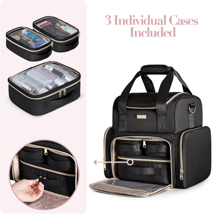 Large Cosmetic Bag, Double Layer Travel Makeup Organizer, Black | Makeup Bag with 3 Removable Cases, Inner Dividers & Brushes Storage Pockets, Cosmetic Storage Case Fits Beauty Essentials