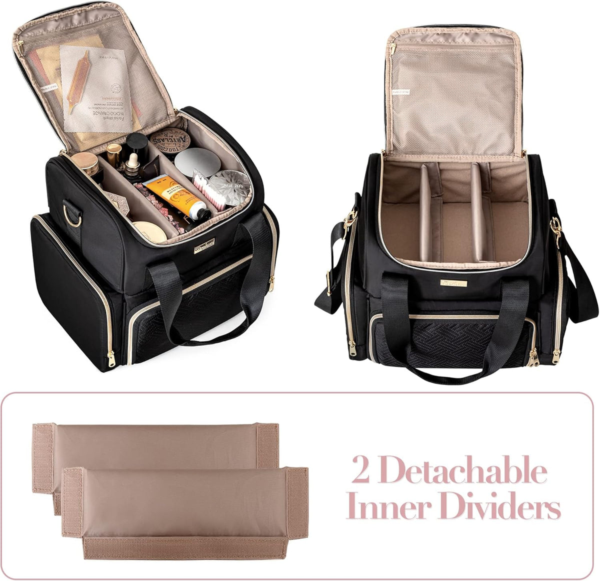 Large Cosmetic Bag, Double Layer Travel Makeup Organizer, Black | Makeup Bag with 3 Removable Cases, Inner Dividers & Brushes Storage Pockets, Cosmetic Storage Case Fits Beauty Essentials