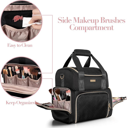 Large Cosmetic Bag, Double Layer Travel Makeup Organizer, Black | Makeup Bag with 3 Removable Cases, Inner Dividers & Brushes Storage Pockets, Cosmetic Storage Case Fits Beauty Essentials
