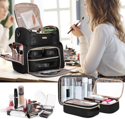 Large Cosmetic Bag, Double Layer Travel Makeup Organizer, Black | Makeup Bag with 3 Removable Cases, Inner Dividers & Brushes Storage Pockets, Cosmetic Storage Case Fits Beauty Essentials