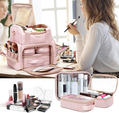 Large Cosmetic Bag, Double Layer Travel Makeup Organizer, Black | Makeup Bag with 3 Removable Cases, Inner Dividers & Brushes Storage Pockets, Cosmetic Storage Case Fits Beauty Essentials