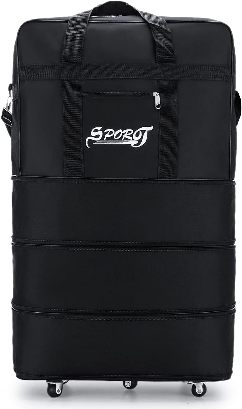 Expandable Extra Large Travel Oxford Duffel Bag with Wheels Waterproof Lightweight Traveling Foldable Suitcase (Black, L - 6 wheels)