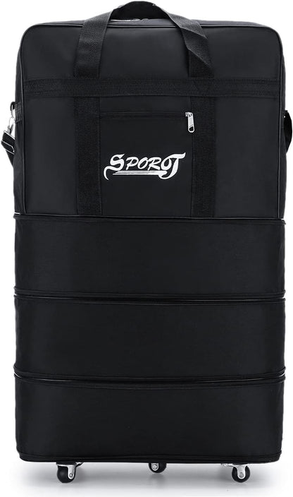 Expandable Extra Large Travel Oxford Duffel Bag with Wheels Waterproof Lightweight Traveling Foldable Suitcase (Black, L - 6 wheels)