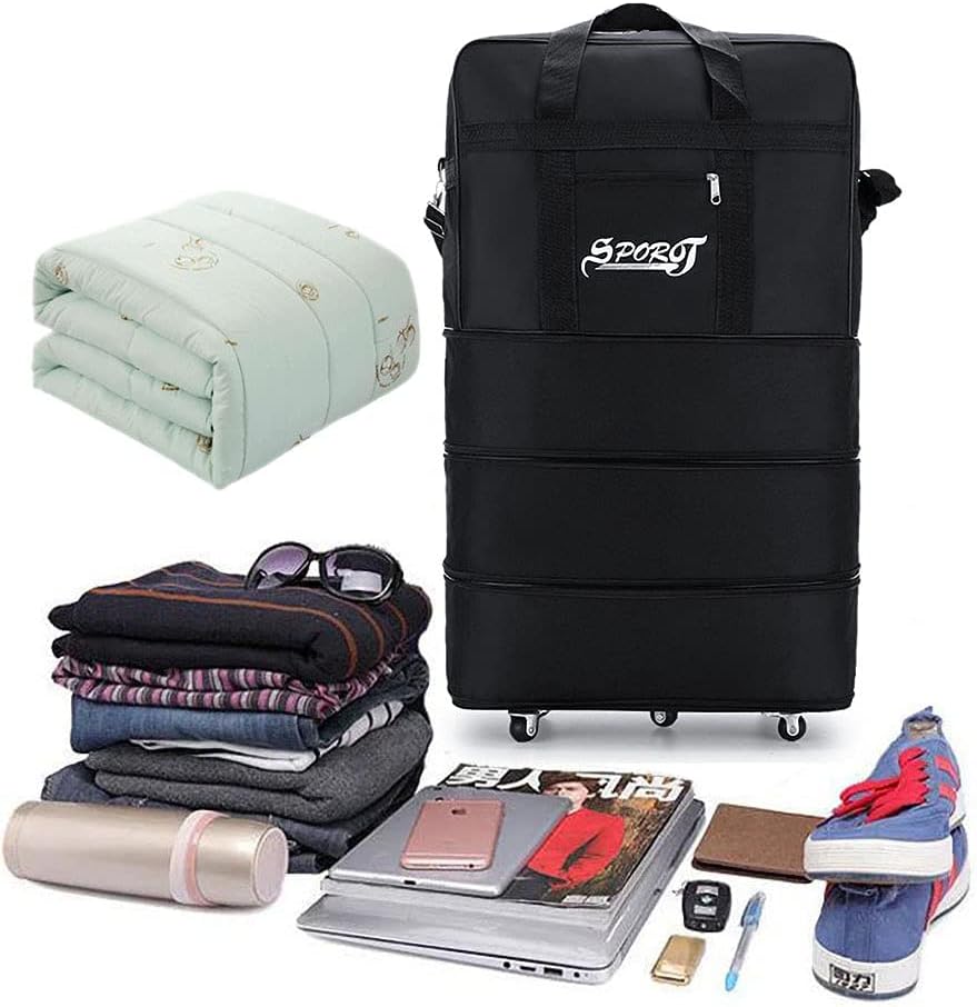 Expandable Extra Large Travel Oxford Duffel Bag with Wheels Waterproof Lightweight Traveling Foldable Suitcase (Black, L - 6 wheels)