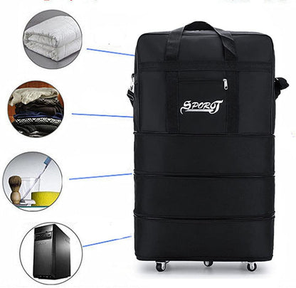 Expandable Extra Large Travel Oxford Duffel Bag with Wheels Waterproof Lightweight Traveling Foldable Suitcase (Black, L - 6 wheels)