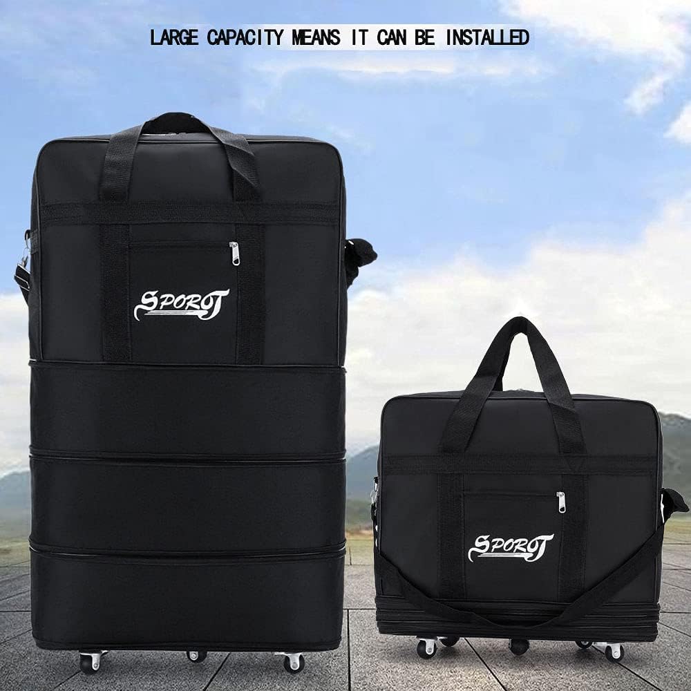 Expandable Extra Large Travel Oxford Duffel Bag with Wheels Waterproof Lightweight Traveling Foldable Suitcase (Black, L - 6 wheels)