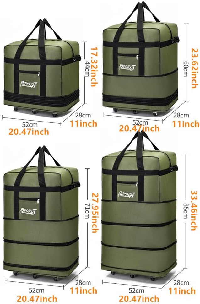 Expandable Extra Large Travel Oxford Duffel Bag with Wheels Waterproof Lightweight Traveling Foldable Suitcase (Black, L - 6 wheels)