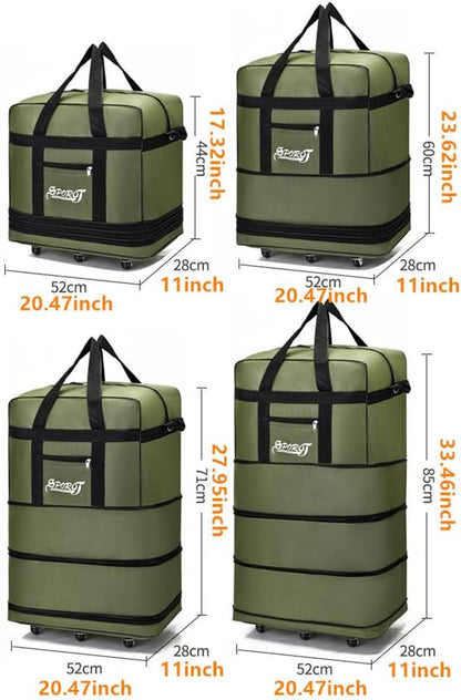 Expandable Extra Large Travel Oxford Duffel Bag with Wheels Waterproof Lightweight Traveling Foldable Suitcase (Black, L - 6 wheels)
