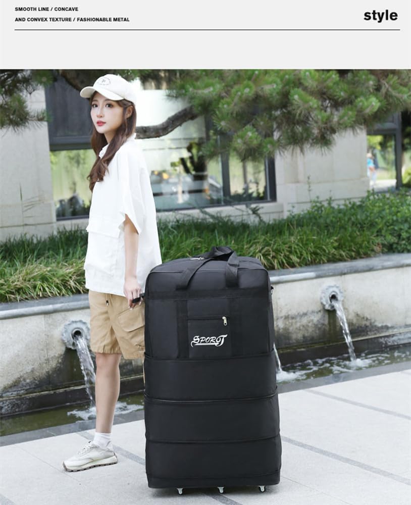 Expandable Extra Large Travel Oxford Duffel Bag with Wheels Waterproof Lightweight Traveling Foldable Suitcase (Black, L - 6 wheels)