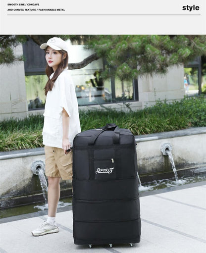 Expandable Extra Large Travel Oxford Duffel Bag with Wheels Waterproof Lightweight Traveling Foldable Suitcase (Black, L - 6 wheels)