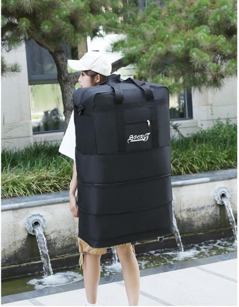 Expandable Extra Large Travel Oxford Duffel Bag with Wheels Waterproof Lightweight Traveling Foldable Suitcase (Black, L - 6 wheels)