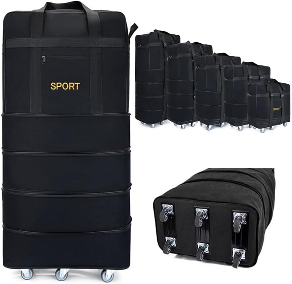 Expandable Extra Large Travel Oxford Duffel Bag with Wheels Waterproof Lightweight Traveling Foldable Suitcase (Black, L - 6 wheels)
