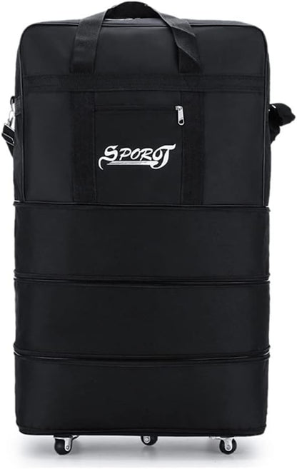 Expandable Extra Large Travel Oxford Duffel Bag with Wheels Waterproof Lightweight Traveling Foldable Suitcase (Black, L - 6 wheels)