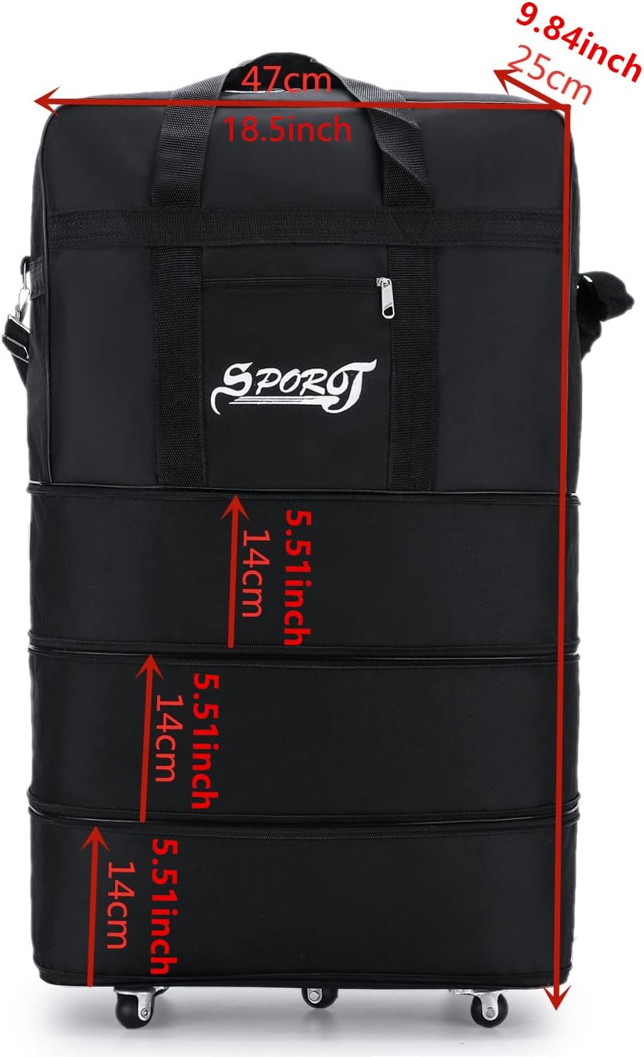 Expandable Extra Large Travel Oxford Duffel Bag with Wheels Waterproof Lightweight Traveling Foldable Suitcase (Black, L - 6 wheels)