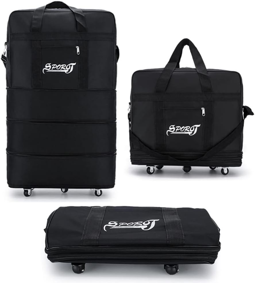Expandable Extra Large Travel Oxford Duffel Bag with Wheels Waterproof Lightweight Traveling Foldable Suitcase (Black, L - 6 wheels)