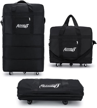 Expandable Extra Large Travel Oxford Duffel Bag with Wheels Waterproof Lightweight Traveling Foldable Suitcase (Black, L - 6 wheels)
