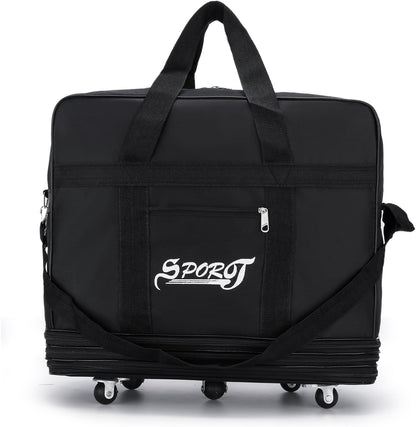 Expandable Extra Large Travel Oxford Duffel Bag with Wheels Waterproof Lightweight Traveling Foldable Suitcase (Black, L - 6 wheels)