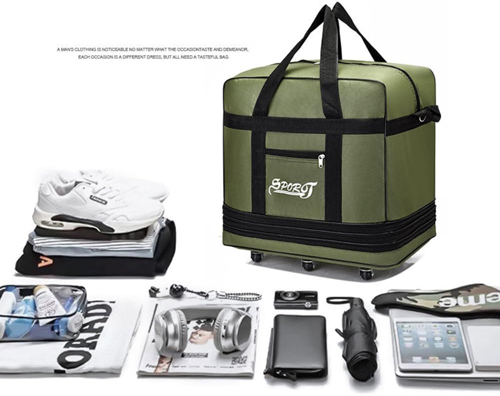 Expandable Extra Large Travel Oxford Duffel Bag with Wheels Waterproof Lightweight Traveling Foldable Suitcase (Black, L - 6 wheels)