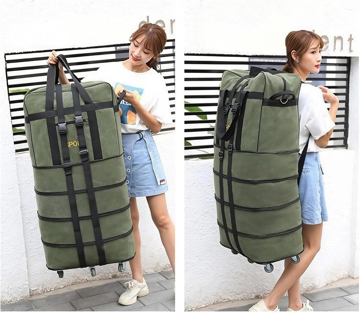 Expandable Extra Large Travel Oxford Duffel Bag with Wheels Waterproof Lightweight Traveling Foldable Suitcase (Black, L - 6 wheels)