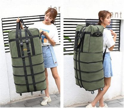 Expandable Extra Large Travel Oxford Duffel Bag with Wheels Waterproof Lightweight Traveling Foldable Suitcase (Black, L - 6 wheels)