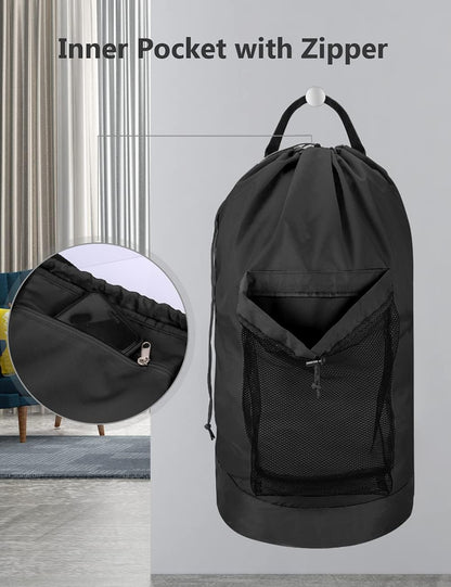 Backpack Laundry Bag, Laundry Backpack with Shoulder Straps and Mesh Pocket Durable Nylon Clothes Hamper Bag with Drawstring Closure for College, Travel, Laundromat, Apartment