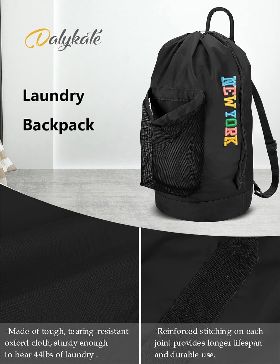 Backpack Laundry Bag, Laundry Backpack with Shoulder Straps and Mesh Pocket Durable Nylon Clothes Hamper Bag with Drawstring Closure for College, Travel, Laundromat, Apartment