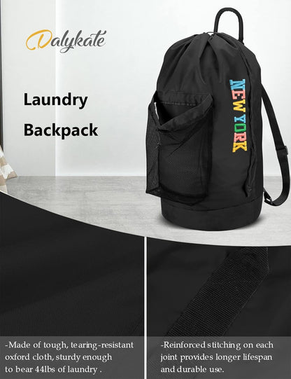 Backpack Laundry Bag, Laundry Backpack with Shoulder Straps and Mesh Pocket Durable Nylon Clothes Hamper Bag with Drawstring Closure for College, Travel, Laundromat, Apartment