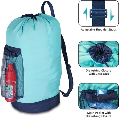 Backpack Laundry Bag, Laundry Backpack with Shoulder Straps and Mesh Pocket Durable Nylon Clothes Hamper Bag with Drawstring Closure for College, Travel, Laundromat, Apartment