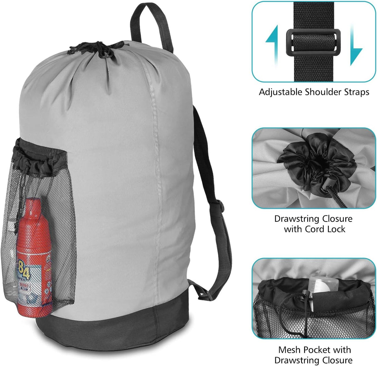 Backpack Laundry Bag, Laundry Backpack with Shoulder Straps and Mesh Pocket Durable Nylon Clothes Hamper Bag with Drawstring Closure for College, Travel, Laundromat, Apartment