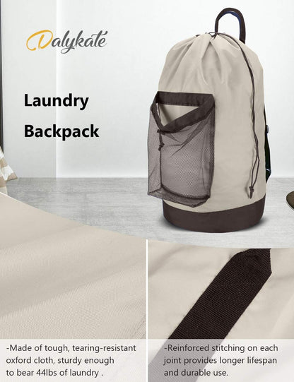 Backpack Laundry Bag, Laundry Backpack with Shoulder Straps and Mesh Pocket Durable Nylon Clothes Hamper Bag with Drawstring Closure for College, Travel, Laundromat, Apartment