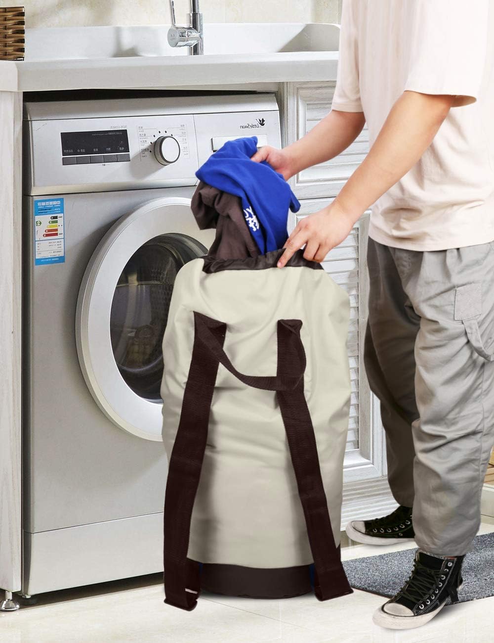 Backpack Laundry Bag, Laundry Backpack with Shoulder Straps and Mesh Pocket Durable Nylon Clothes Hamper Bag with Drawstring Closure for College, Travel, Laundromat, Apartment